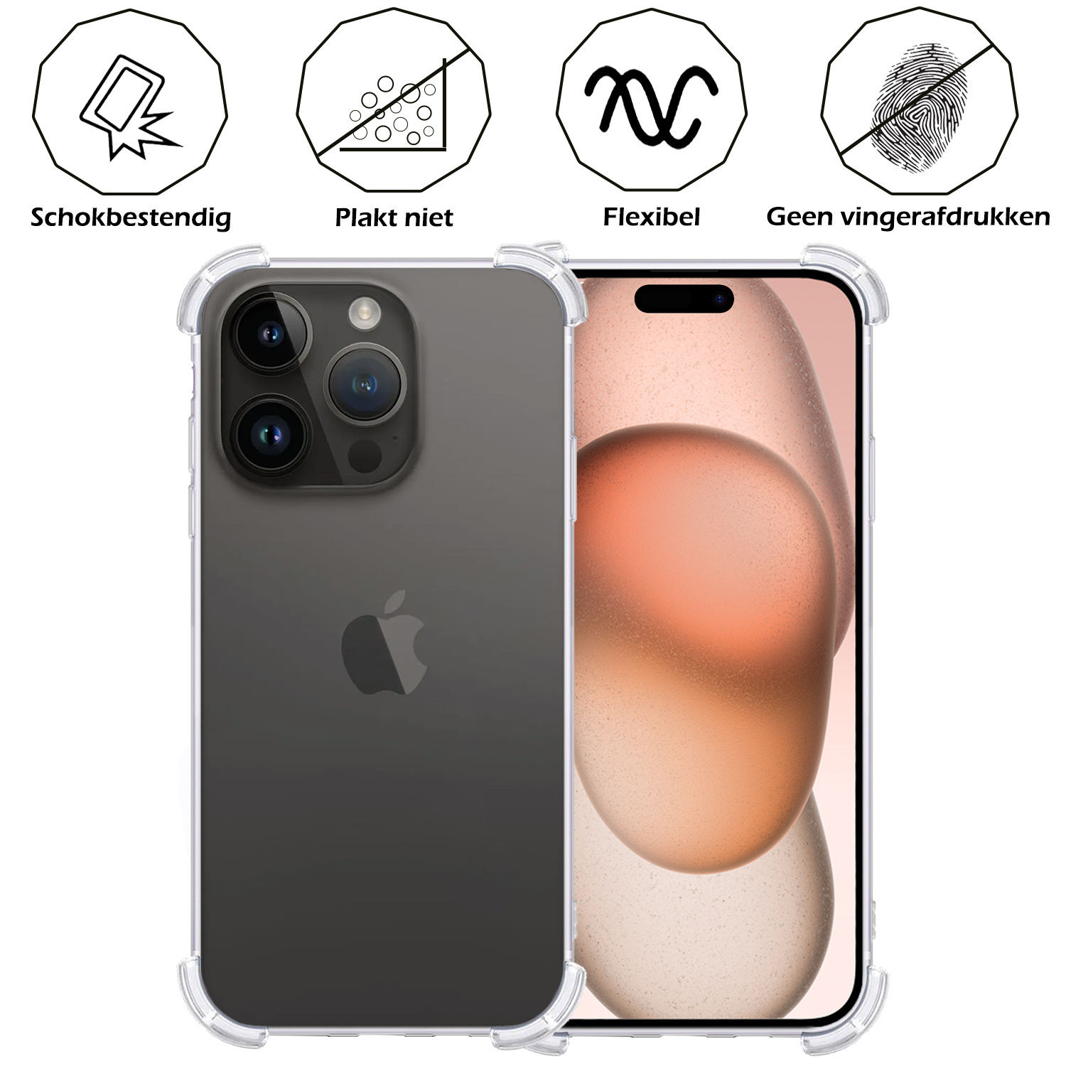 Nomfy Hoesje Geschikt voor iPhone 15 Pro Max Hoesje Shock Proof Cover Case Shockproof Met 2x Screenprotector - Hoes Geschikt voor iPhone 15 Pro Max Hoes Siliconen Back Case - Transparant