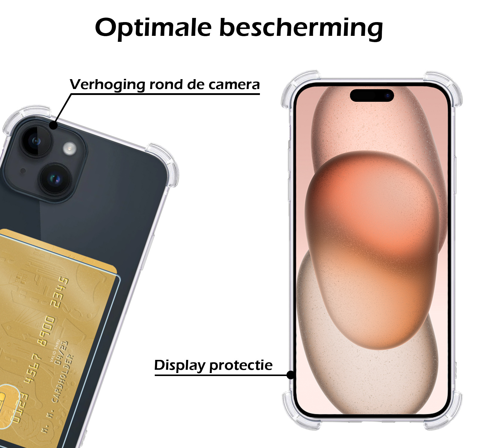 Nomfy Hoesje Geschikt voor iPhone 15 Hoesje Pasjeshouder Shockproof Pas Houder Met Screenprotector - Hoesje Geschikt voor iPhone 15 Hoes Met Kaarthouder - Transparant