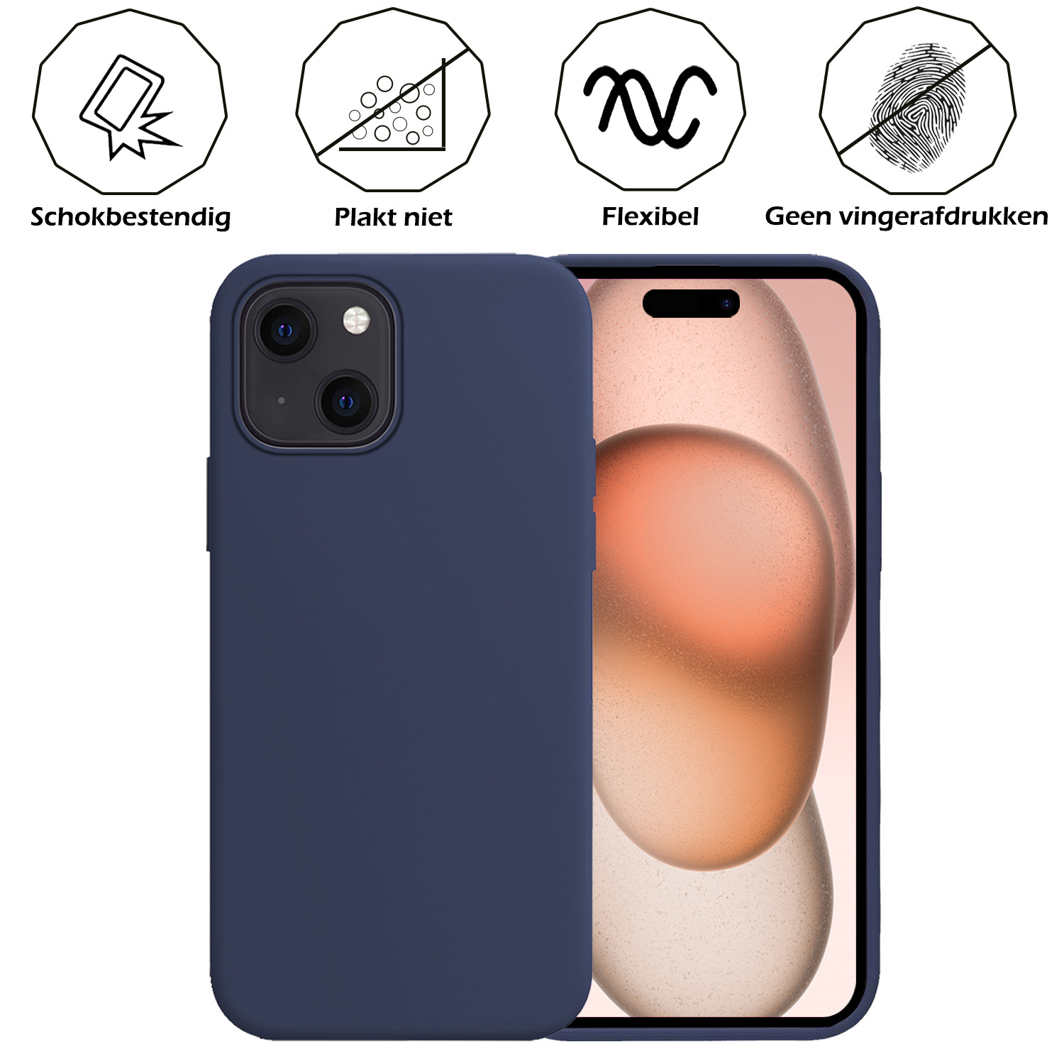Nomfy Hoesje Geschikt voor iPhone 15 Hoesje Siliconen Cover Case Met Screenprotector - Hoes Geschikt voor iPhone 15 Hoes Back Case - Donkerblauw