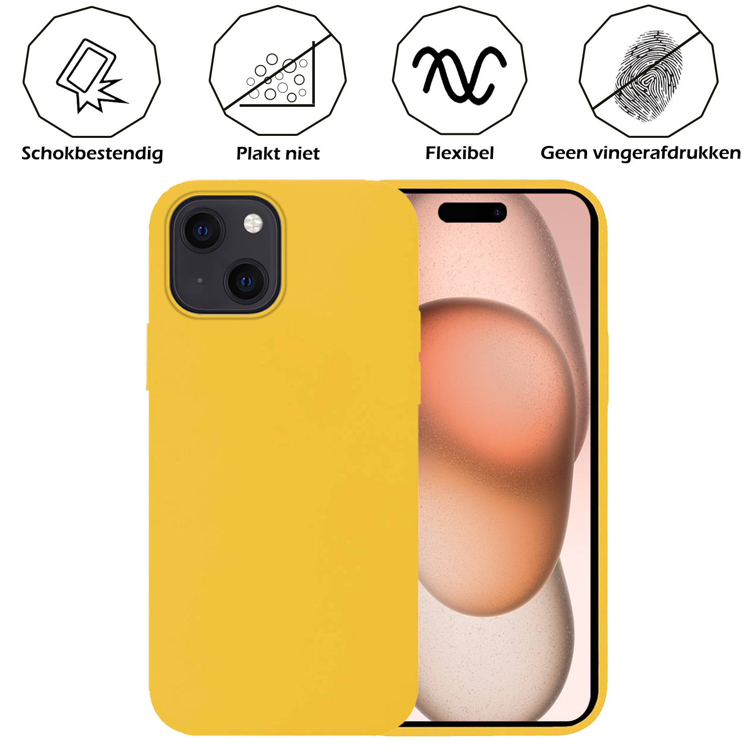 Nomfy Hoesje Geschikt voor iPhone 15 Hoesje Siliconen Cover Case Met Screenprotector - Hoes Geschikt voor iPhone 15 Hoes Back Case - Geel