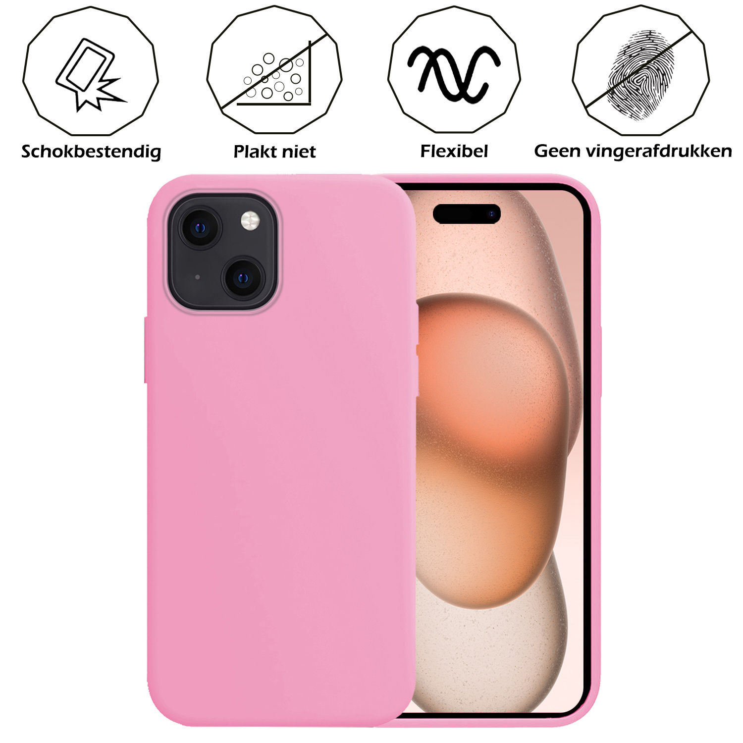 Nomfy Hoesje Geschikt voor iPhone 15 Hoesje Siliconen Cover Case Met Screenprotector - Hoes Geschikt voor iPhone 15 Hoes Back Case - Lichtroze