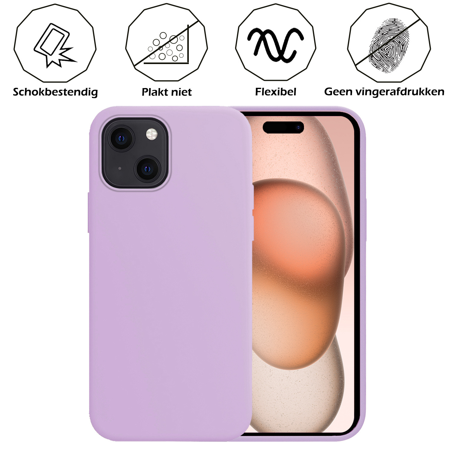 Nomfy Hoesje Geschikt voor iPhone 15 Hoesje Siliconen Cover Case Met Screenprotector - Hoes Geschikt voor iPhone 15 Hoes Back Case - Lila