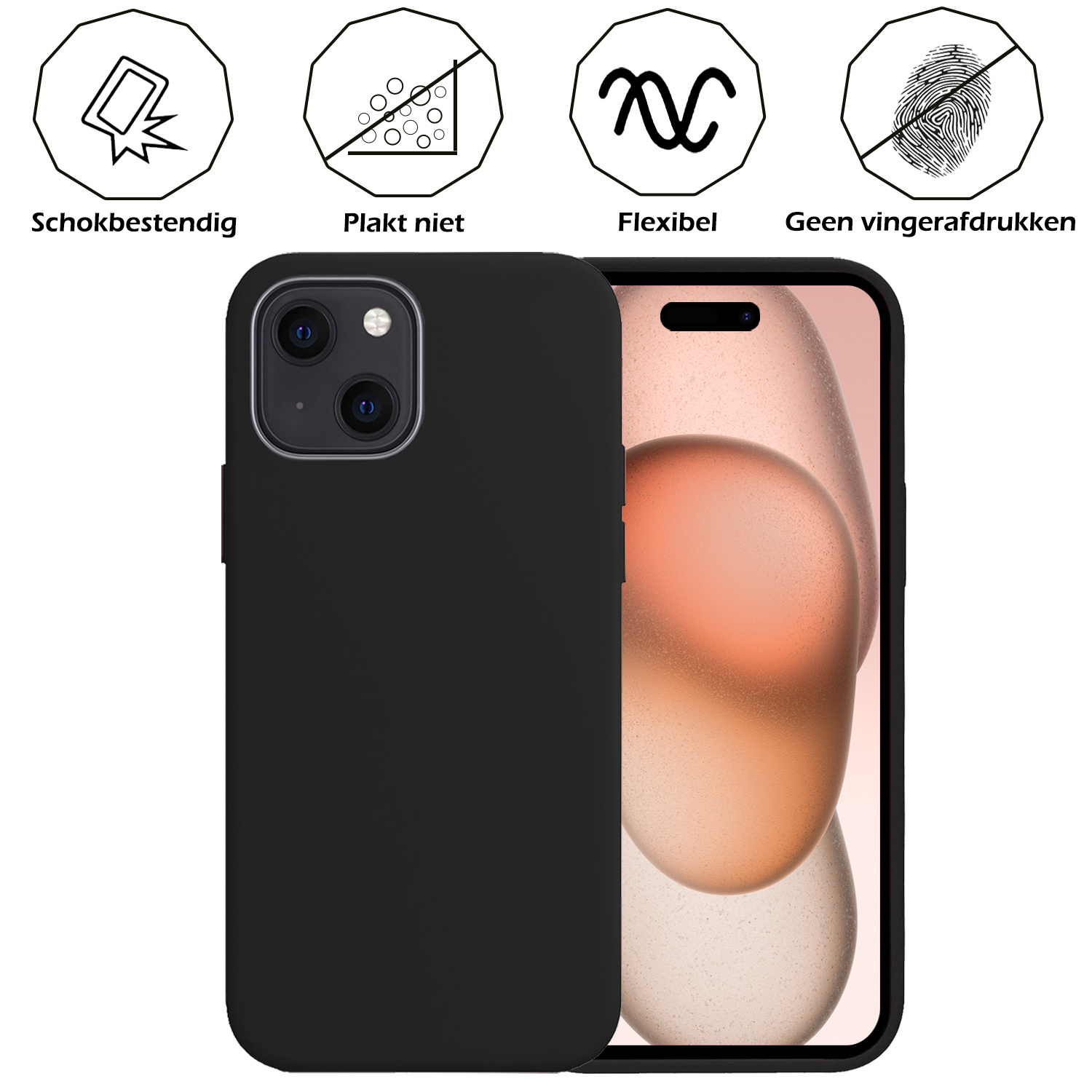 Nomfy Hoesje Geschikt voor iPhone 15 Hoesje Siliconen Cover Case Met Screenprotector - Hoes Geschikt voor iPhone 15 Hoes Back Case - Zwart