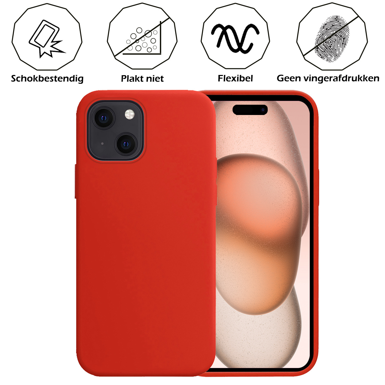 Nomfy Hoesje Geschikt voor iPhone 15 Hoesje Siliconen Cover Case Met 2x Screenprotector - Hoes Geschikt voor iPhone 15 Hoes Back Case - Rood