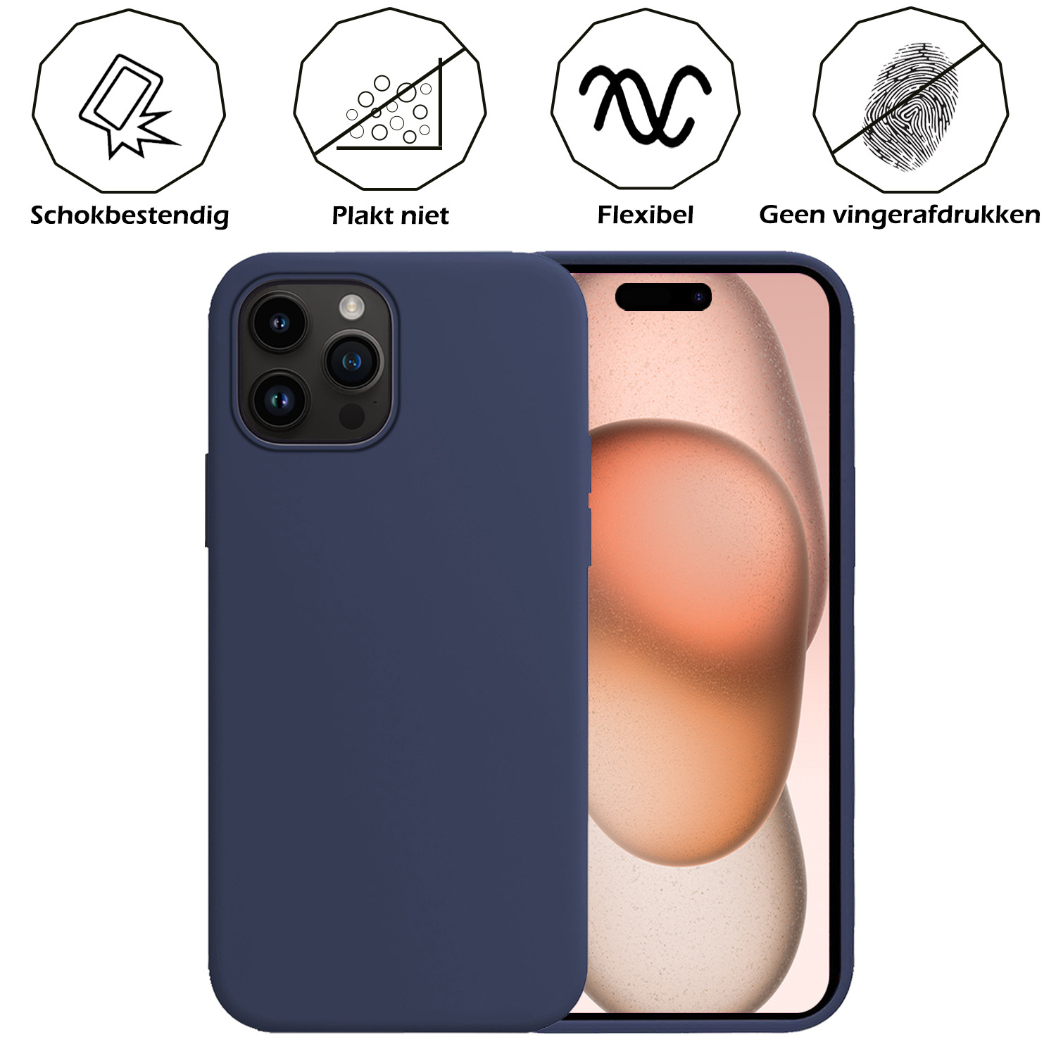 Nomfy Hoesje Geschikt voor iPhone 15 Pro Hoesje Siliconen Cover Case Met 2x Screenprotector - Hoes Geschikt voor iPhone 15 Pro Hoes Back Case - Donkerblauw