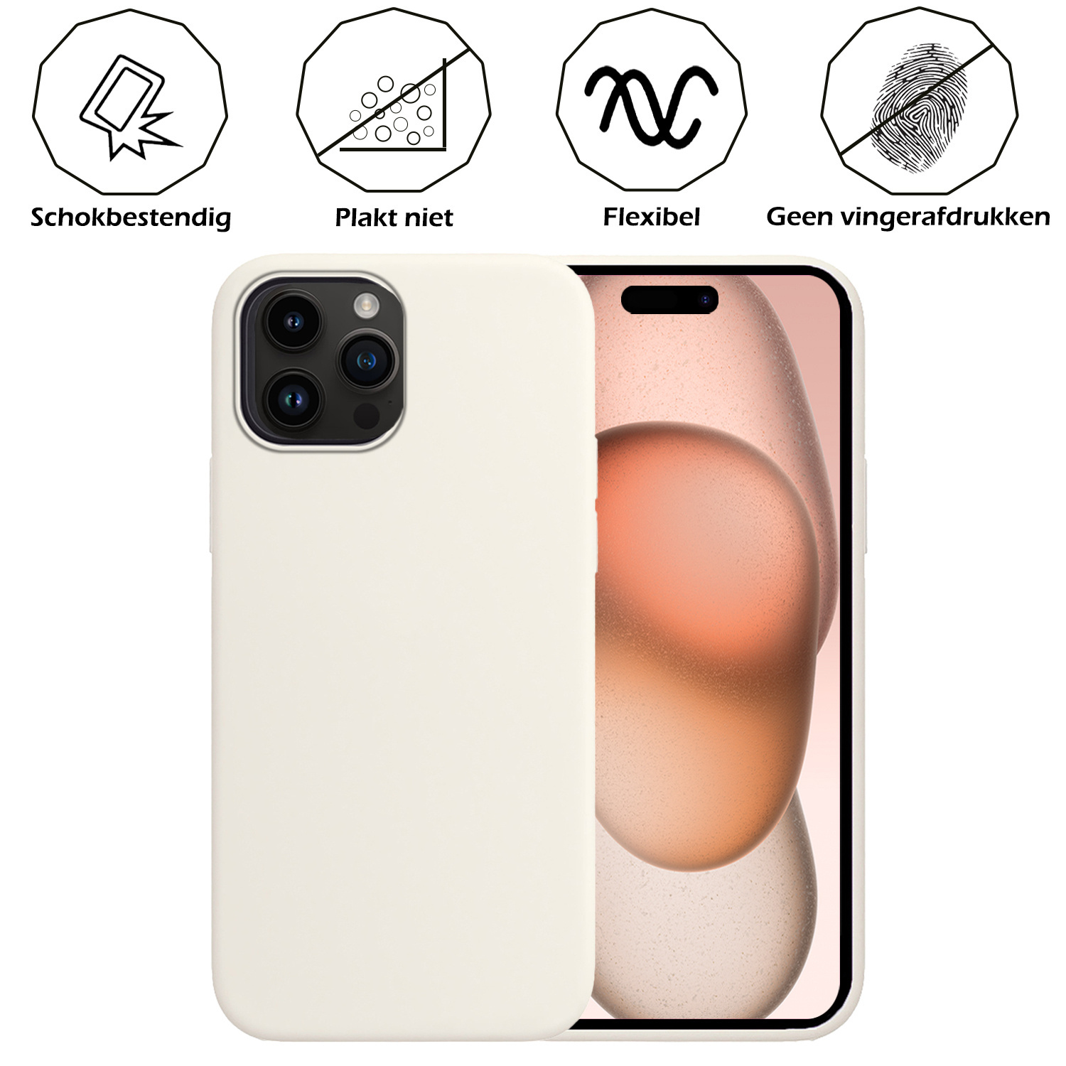 Nomfy Hoesje Geschikt voor iPhone 15 Pro Hoesje Siliconen Cover Case Met 2x Screenprotector - Hoes Geschikt voor iPhone 15 Pro Hoes Back Case - Wit