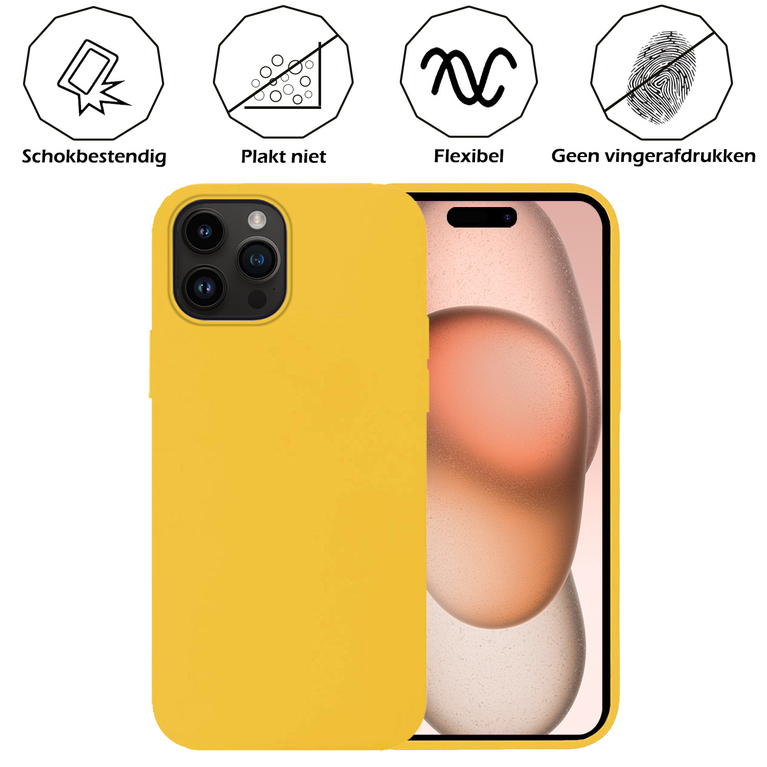 Nomfy Hoesje Geschikt voor iPhone 15 Pro Max Hoesje Siliconen Cover Case Met 2x Screenprotector - Hoes Geschikt voor iPhone 15 Pro Max Hoes Back Case - Geel