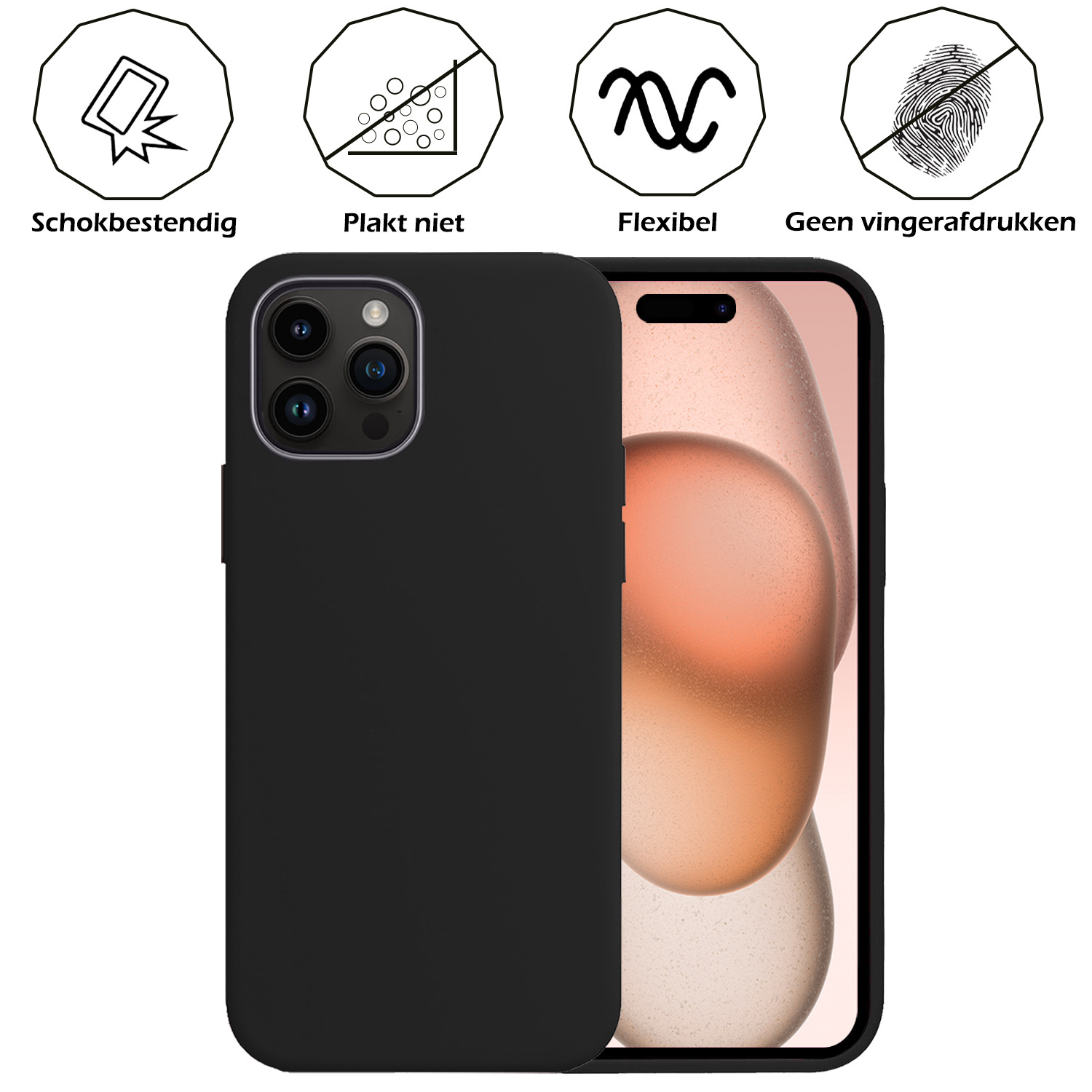 Nomfy Hoesje Geschikt voor iPhone 15 Pro Max Hoesje Siliconen Cover Case Met 2x Screenprotector - Hoes Geschikt voor iPhone 15 Pro Max Hoes Back Case - Zwart