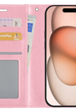Nomfy Hoesje Geschikt voor iPhone 15 Hoes Bookcase Flipcase Book Cover Met Screenprotector - Hoes Geschikt voor iPhone 15 Hoesje Book Case - Lichtroze