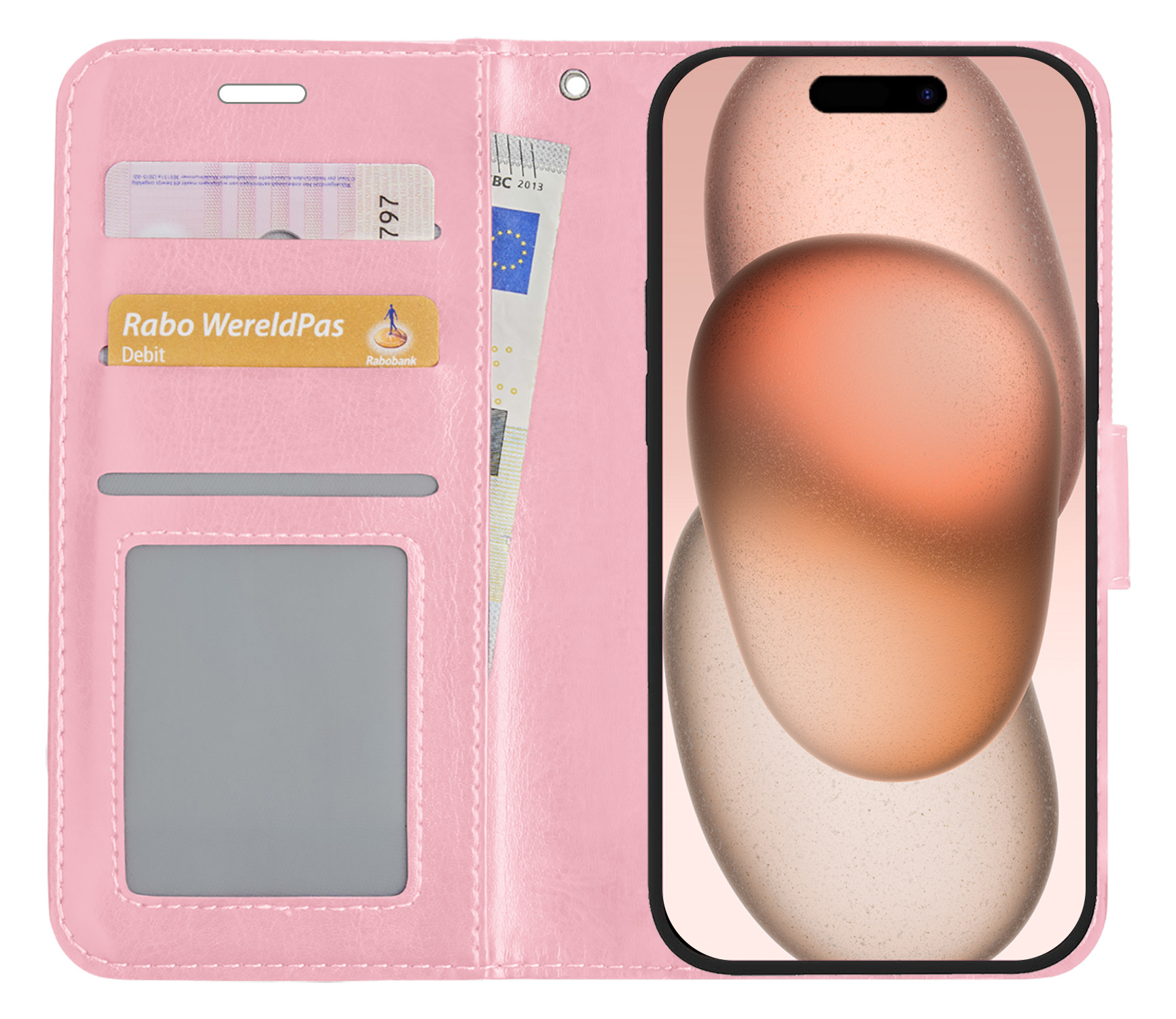 Nomfy Hoesje Geschikt voor iPhone 15 Hoes Bookcase Flipcase Book Cover Met Screenprotector - Hoes Geschikt voor iPhone 15 Hoesje Book Case - Lichtroze