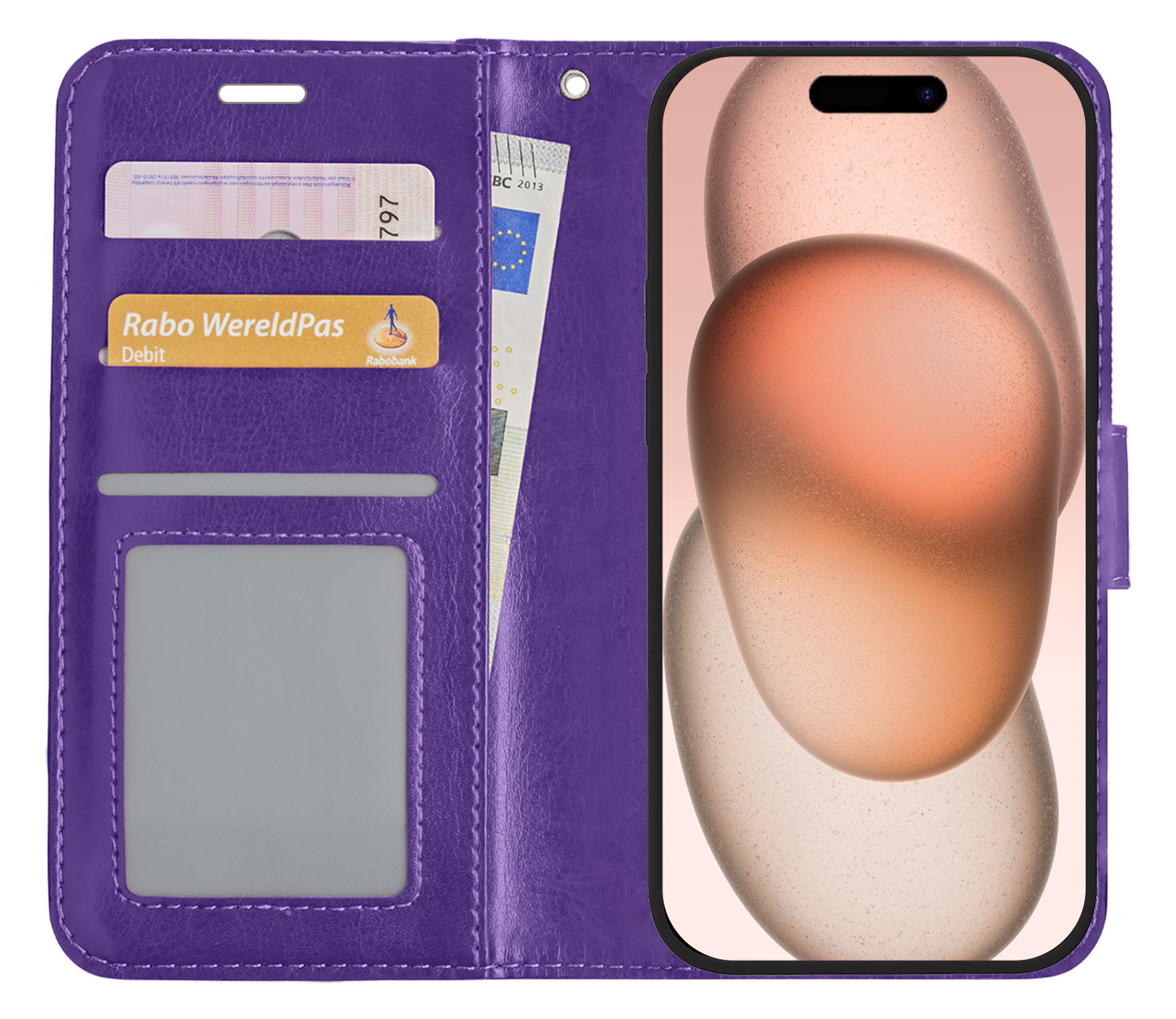 Nomfy Hoesje Geschikt voor iPhone 15 Hoes Bookcase Flipcase Book Cover Met Screenprotector - Hoes Geschikt voor iPhone 15 Hoesje Book Case - Paars