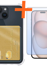 Nomfy Hoesje Geschikt voor iPhone 15 Hoesje Pasjeshouder Shockproof Pas Houder Met Screenprotector - Hoesje Geschikt voor iPhone 15 Hoes Met Kaarthouder - Transparant