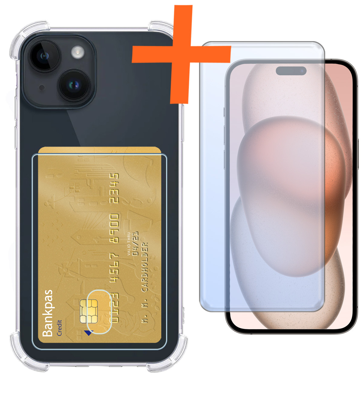 Nomfy Hoesje Geschikt voor iPhone 15 Hoesje Pasjeshouder Shockproof Pas Houder Met Screenprotector - Hoesje Geschikt voor iPhone 15 Hoes Met Kaarthouder - Transparant