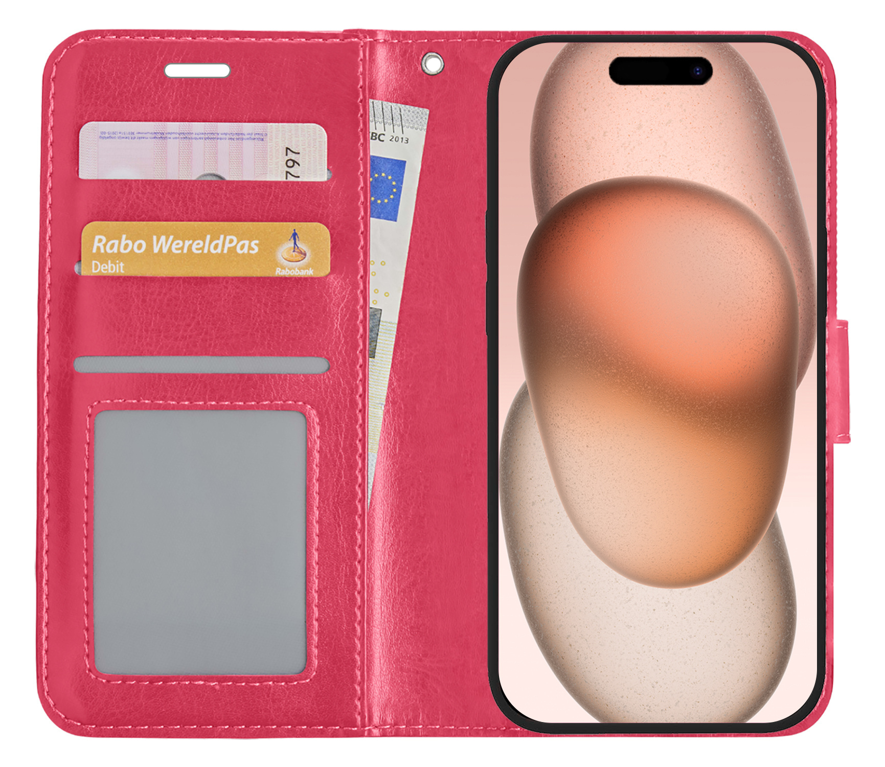 Nomfy Hoesje Geschikt voor iPhone 15 Hoes Bookcase Flipcase Book Cover Met 2x Screenprotector - Hoes Geschikt voor iPhone 15 Hoesje Book Case - Donkerroze