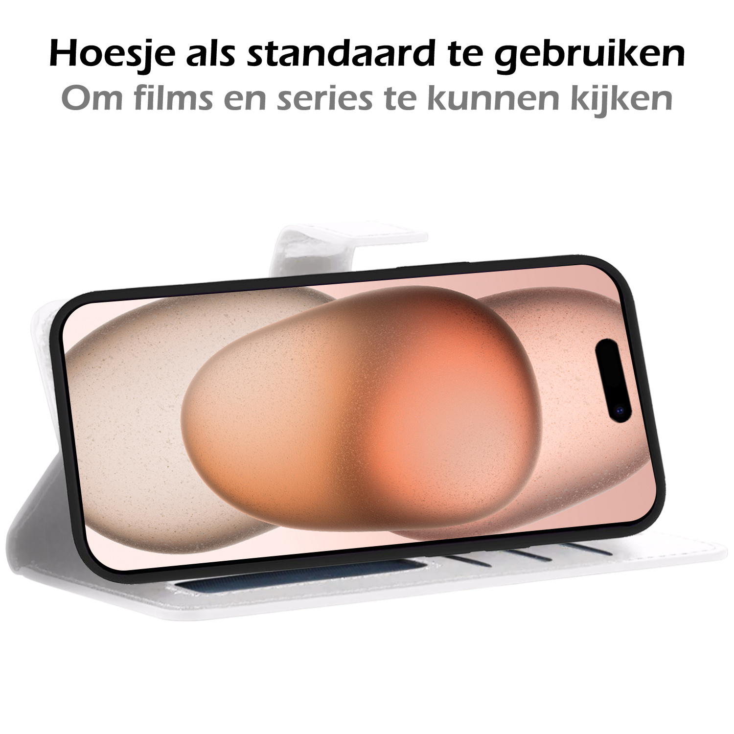 Nomfy Hoesje Geschikt voor iPhone 15 Hoes Bookcase Flipcase Book Cover Met 2x Screenprotector - Hoes Geschikt voor iPhone 15 Hoesje Book Case - Wit