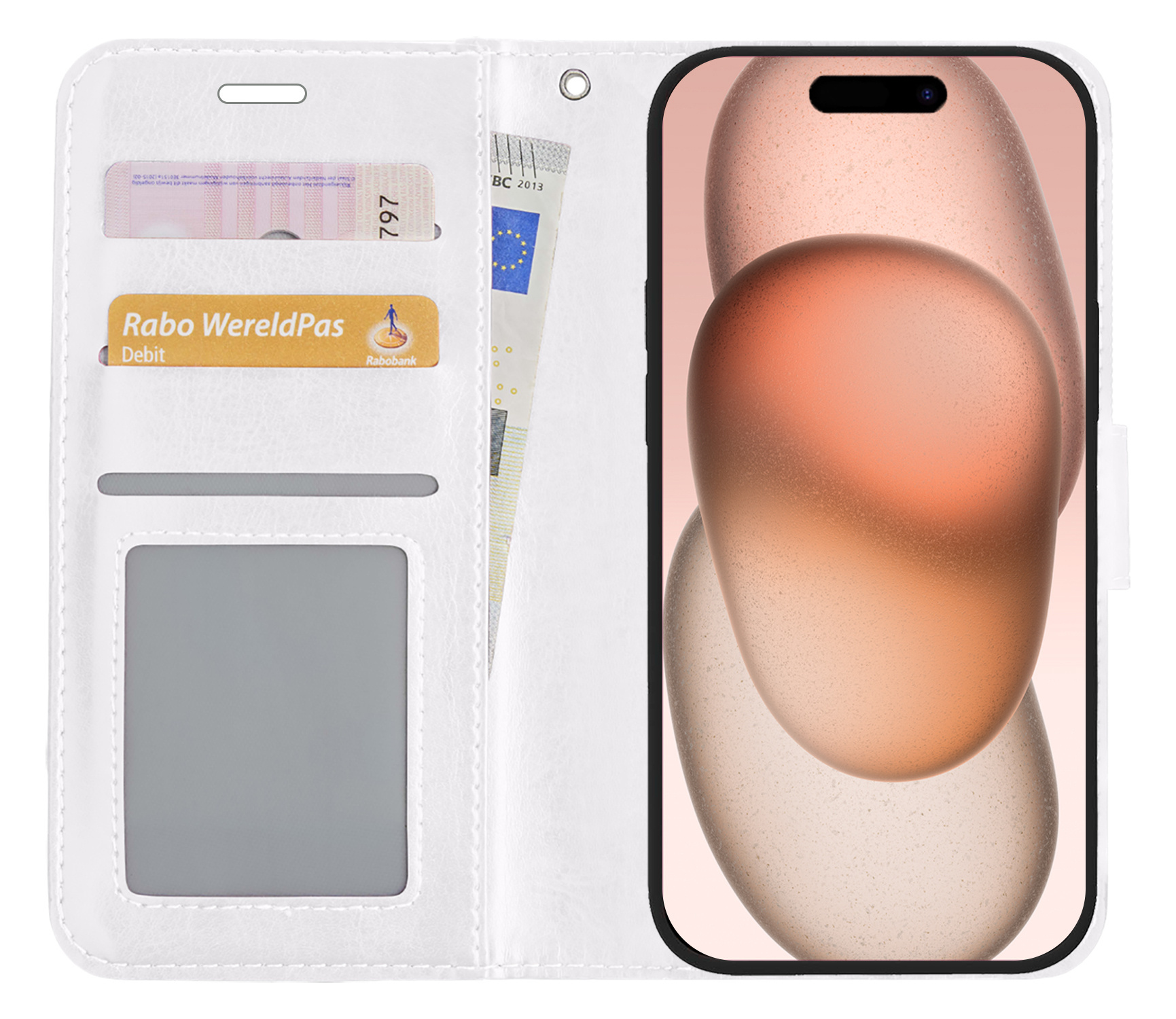 Nomfy Hoesje Geschikt voor iPhone 15 Hoes Bookcase Flipcase Book Cover Met 2x Screenprotector - Hoes Geschikt voor iPhone 15 Hoesje Book Case - Wit