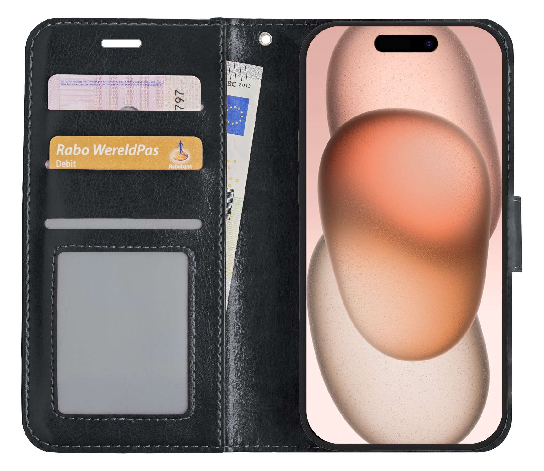 Nomfy Hoesje Geschikt voor iPhone 15 Hoes Bookcase Flipcase Book Cover Met 2x Screenprotector - Hoes Geschikt voor iPhone 15 Hoesje Book Case - Zwart