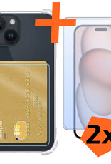 Nomfy Hoesje Geschikt voor iPhone 15 Hoesje Pasjeshouder Shockproof Pas Houder Met 2x Screenprotector - Hoesje Geschikt voor iPhone 15 Hoes Met Kaarthouder - Transparant