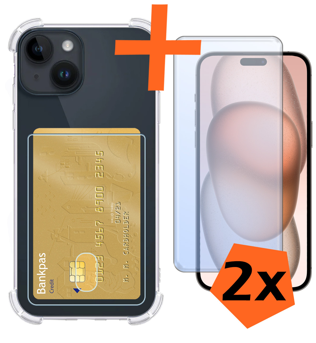 Nomfy Hoesje Geschikt voor iPhone 15 Hoesje Pasjeshouder Shockproof Pas Houder Met 2x Screenprotector - Hoesje Geschikt voor iPhone 15 Hoes Met Kaarthouder - Transparant
