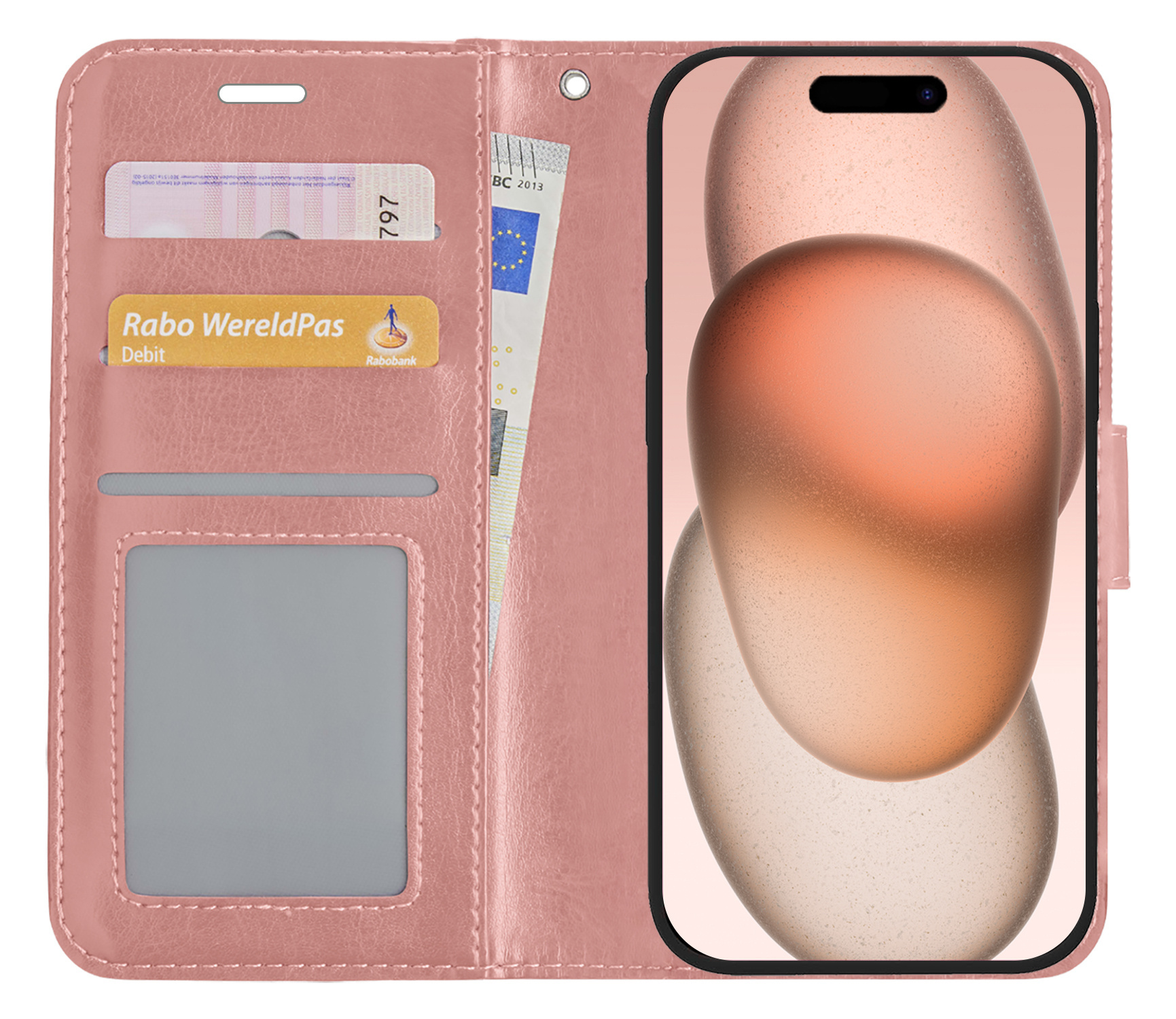 Nomfy Hoesje Geschikt voor iPhone 15 Plus Hoes Bookcase Flipcase Book Cover Met 2x Screenprotector - Hoes Geschikt voor iPhone 15 Plus Hoesje Book Case - Rosé goud