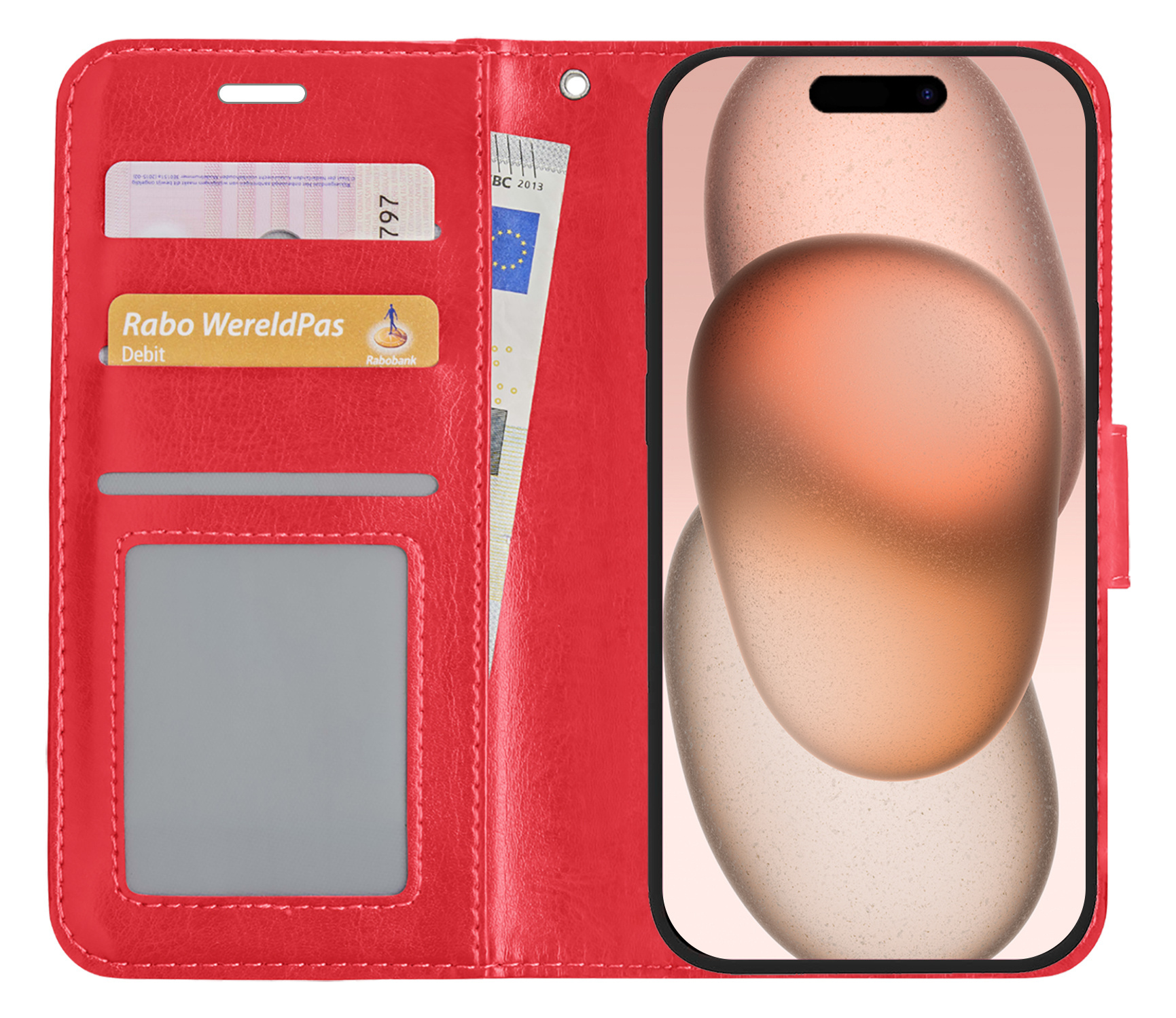 Nomfy Hoesje Geschikt voor iPhone 15 Pro Hoes Bookcase Flipcase Book Cover Met Screenprotector - Hoes Geschikt voor iPhone 15 Pro Hoesje Book Case - Rood
