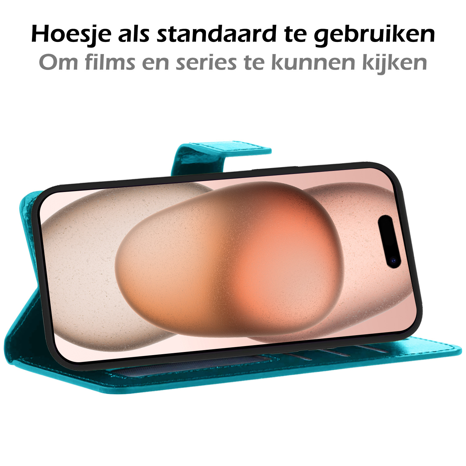 Nomfy Hoesje Geschikt voor iPhone 15 Pro Hoes Bookcase Flipcase Book Cover Met Screenprotector - Hoes Geschikt voor iPhone 15 Pro Hoesje Book Case - Turquoise