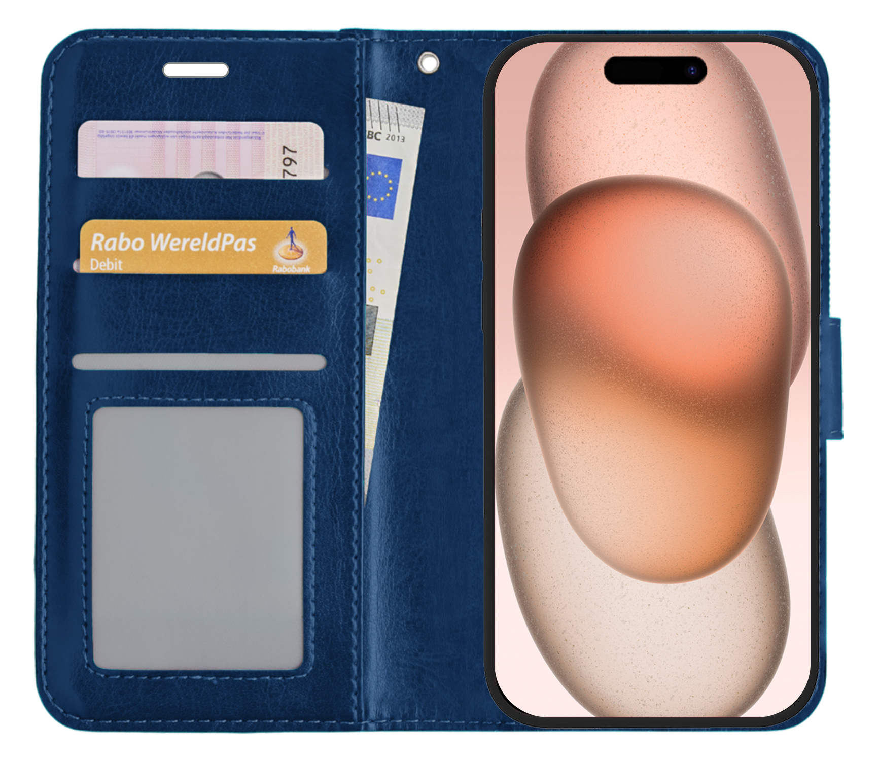 Nomfy Hoesje Geschikt voor iPhone 15 Pro Hoes Bookcase Flipcase Book Cover Met 2x Screenprotector - Hoes Geschikt voor iPhone 15 Pro Hoesje Book Case - Donkerblauw