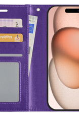Nomfy Hoesje Geschikt voor iPhone 15 Pro Hoes Bookcase Flipcase Book Cover Met 2x Screenprotector - Hoes Geschikt voor iPhone 15 Pro Hoesje Book Case - Paars