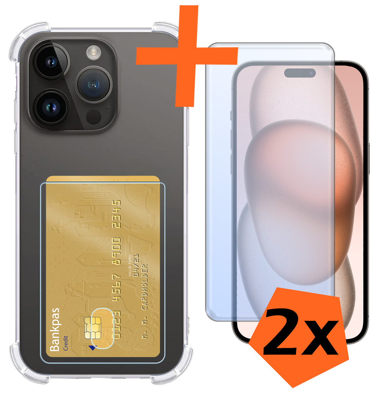 Nomfy Hoesje Geschikt voor iPhone 15 Pro Hoesje Pasjeshouder Shockproof Pas Houder Met 2x Screenprotector - Hoesje Geschikt voor iPhone 15 Pro Hoes Met Kaarthouder - Transparant