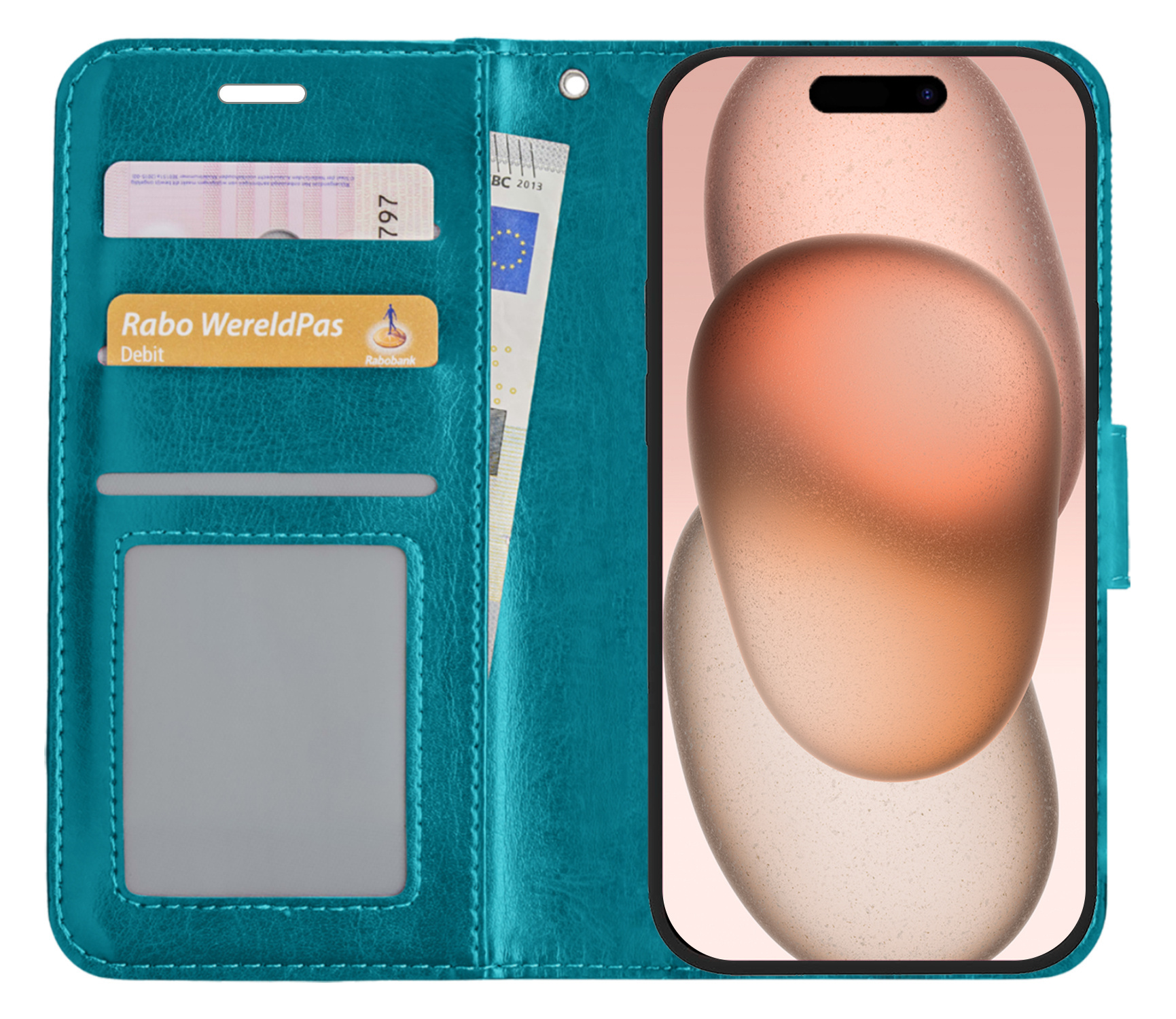 Nomfy Hoesje Geschikt voor iPhone 15 Pro Hoes Bookcase Flipcase Book Cover Met 2x Screenprotector - Hoes Geschikt voor iPhone 15 Pro Hoesje Book Case - Turquoise