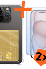 Nomfy Hoesje Geschikt voor iPhone 15 Pro Max Hoesje Pasjeshouder Shockproof Pas Houder Met 2x Screenprotector - Hoesje Geschikt voor iPhone 15 Pro Max Hoes Met Kaarthouder - Transparant