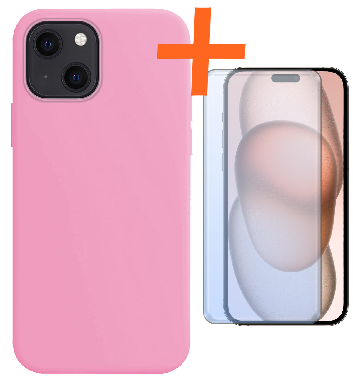 Nomfy Hoesje Geschikt voor iPhone 15 Hoesje Siliconen Cover Case Met Screenprotector - Hoes Geschikt voor iPhone 15 Hoes Back Case - Lichtroze