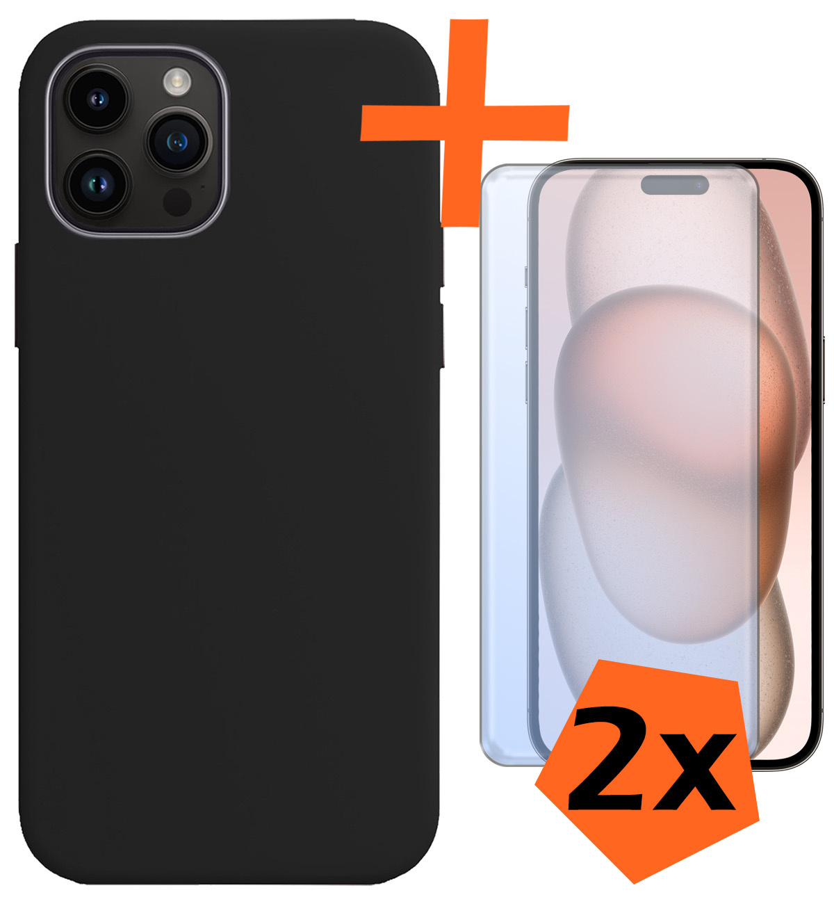 Nomfy Hoesje Geschikt voor iPhone 15 Pro Max Hoesje Siliconen Cover Case Met 2x Screenprotector - Hoes Geschikt voor iPhone 15 Pro Max Hoes Back Case - Zwart