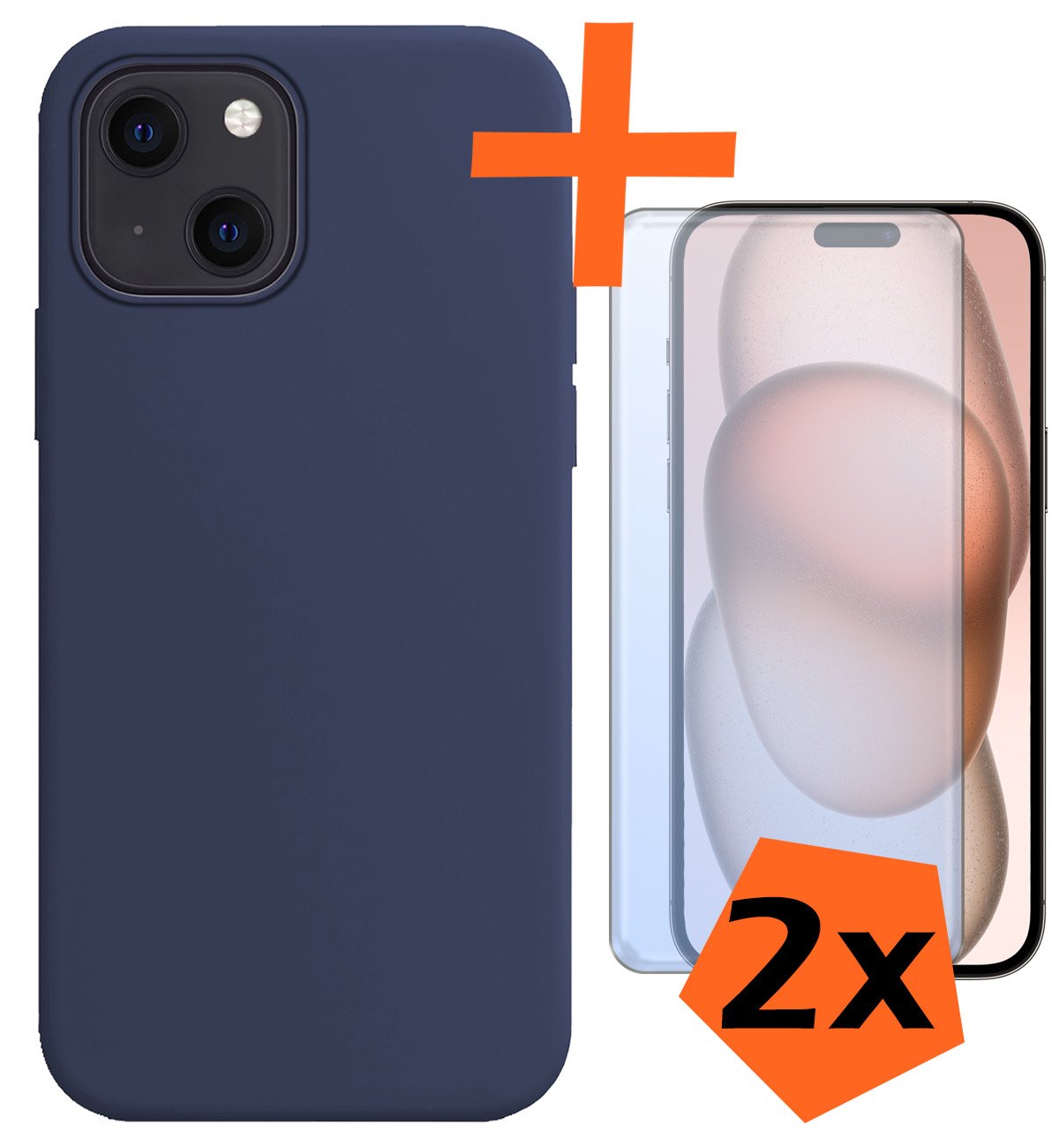 Nomfy Hoesje Geschikt voor iPhone 15 Hoesje Siliconen Cover Case Met 2x Screenprotector - Hoes Geschikt voor iPhone 15 Hoes Back Case - Donkerblauw