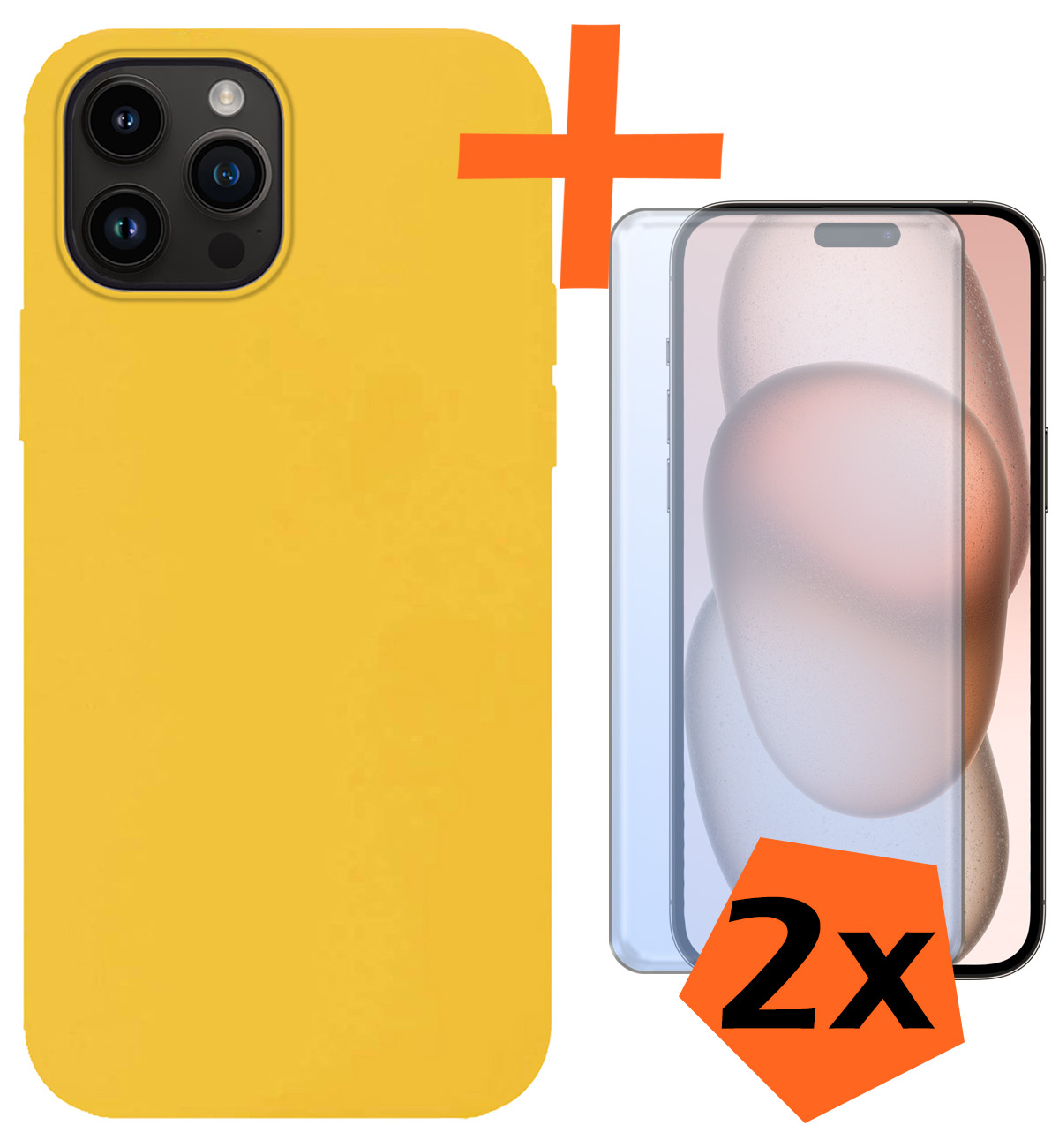 Nomfy Hoesje Geschikt voor iPhone 15 Pro Max Hoesje Siliconen Cover Case Met 2x Screenprotector - Hoes Geschikt voor iPhone 15 Pro Max Hoes Back Case - Geel