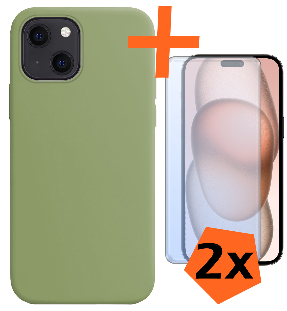 Nomfy Hoesje Geschikt voor iPhone 15 Hoesje Siliconen Cover Case Met 2x Screenprotector - Hoes Geschikt voor iPhone 15 Hoes Back Case - Groen