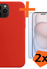 Nomfy Hoesje Geschikt voor iPhone 15 Pro Hoesje Siliconen Cover Case Met 2x Screenprotector - Hoes Geschikt voor iPhone 15 Pro Hoes Back Case - Rood