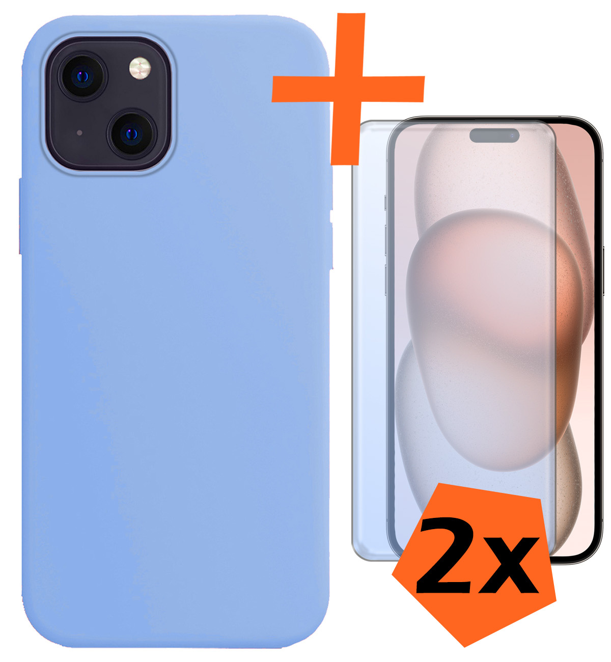 Nomfy Hoesje Geschikt voor iPhone 15 Hoesje Siliconen Cover Case Met 2x Screenprotector - Hoes Geschikt voor iPhone 15 Hoes Back Case - Lichtblauw