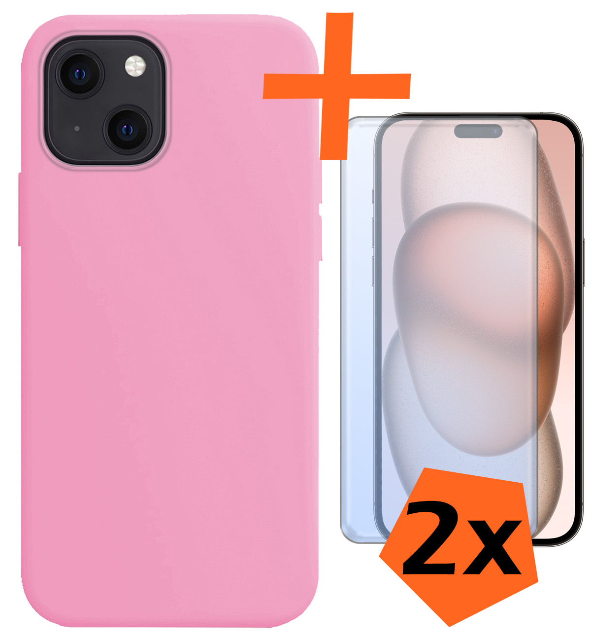 Nomfy Hoesje Geschikt voor iPhone 15 Hoesje Siliconen Cover Case Met 2x Screenprotector - Hoes Geschikt voor iPhone 15 Hoes Back Case - Lichtroze