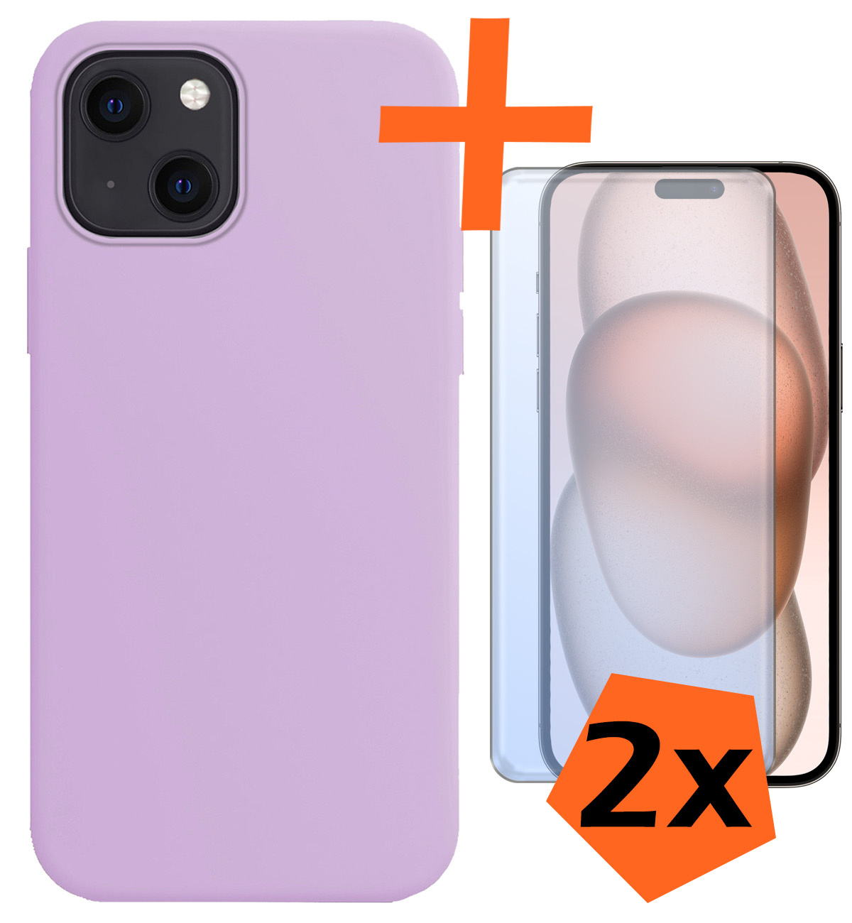 Nomfy Hoesje Geschikt voor iPhone 15 Hoesje Siliconen Cover Case Met 2x Screenprotector - Hoes Geschikt voor iPhone 15 Hoes Back Case - Lila