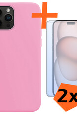 Nomfy Hoesje Geschikt voor iPhone 15 Pro Hoesje Siliconen Cover Case Met 2x Screenprotector - Hoes Geschikt voor iPhone 15 Pro Hoes Back Case - Lichtroze