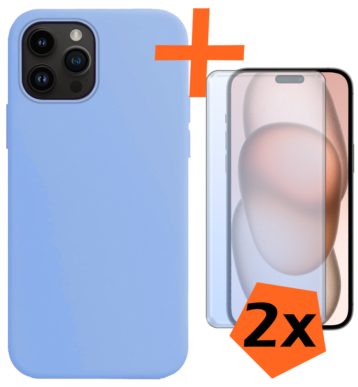 Nomfy Hoesje Geschikt voor iPhone 15 Pro Hoesje Siliconen Cover Case Met 2x Screenprotector - Hoes Geschikt voor iPhone 15 Pro Hoes Back Case - Lichtblauw