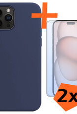 Nomfy Hoesje Geschikt voor iPhone 15 Pro Hoesje Siliconen Cover Case Met 2x Screenprotector - Hoes Geschikt voor iPhone 15 Pro Hoes Back Case - Donkerblauw