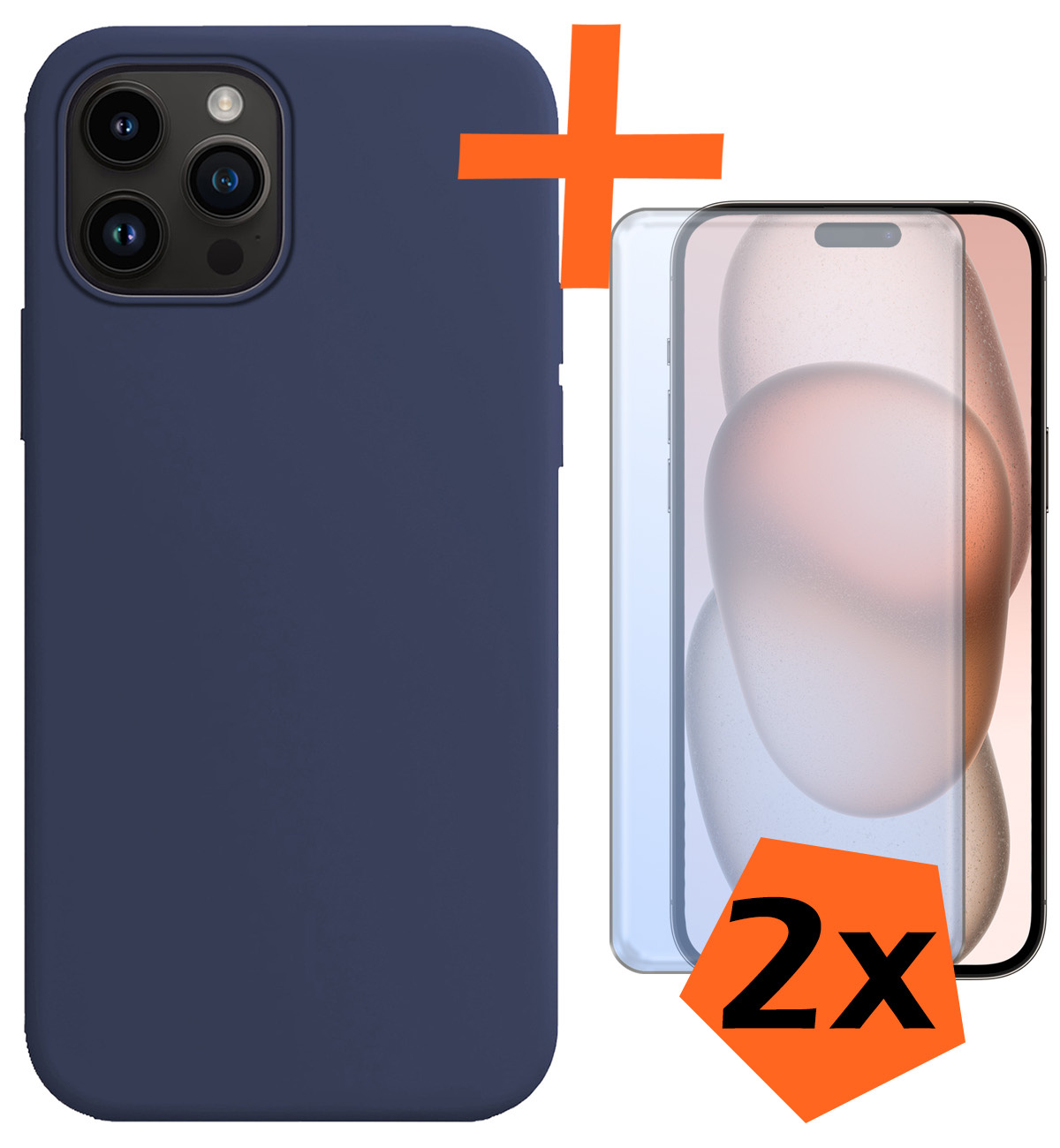 Nomfy Hoesje Geschikt voor iPhone 15 Pro Hoesje Siliconen Cover Case Met 2x Screenprotector - Hoes Geschikt voor iPhone 15 Pro Hoes Back Case - Donkerblauw