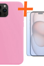 Nomfy Hoesje Geschikt voor iPhone 15 Pro Hoesje Siliconen Cover Case Met Screenprotector - Hoes Geschikt voor iPhone 15 Pro Hoes Back Case - Lichtroze
