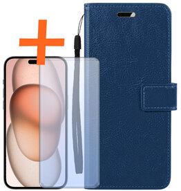 Nomfy Nomfy iPhone 15 Hoesje Bookcase Met Screenprotector - Donkerblauw