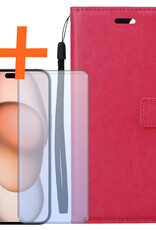 Nomfy Hoesje Geschikt voor iPhone 15 Hoes Bookcase Flipcase Book Cover Met Screenprotector - Hoes Geschikt voor iPhone 15 Hoesje Book Case - Donkerroze