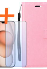 Nomfy Hoesje Geschikt voor iPhone 15 Hoes Bookcase Flipcase Book Cover Met Screenprotector - Hoes Geschikt voor iPhone 15 Hoesje Book Case - Lichtroze