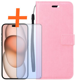 Nomfy Nomfy iPhone 15 Hoesje Bookcase Met Screenprotector - Lichtroze