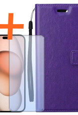 Nomfy Hoesje Geschikt voor iPhone 15 Hoes Bookcase Flipcase Book Cover Met Screenprotector - Hoes Geschikt voor iPhone 15 Hoesje Book Case - Paars